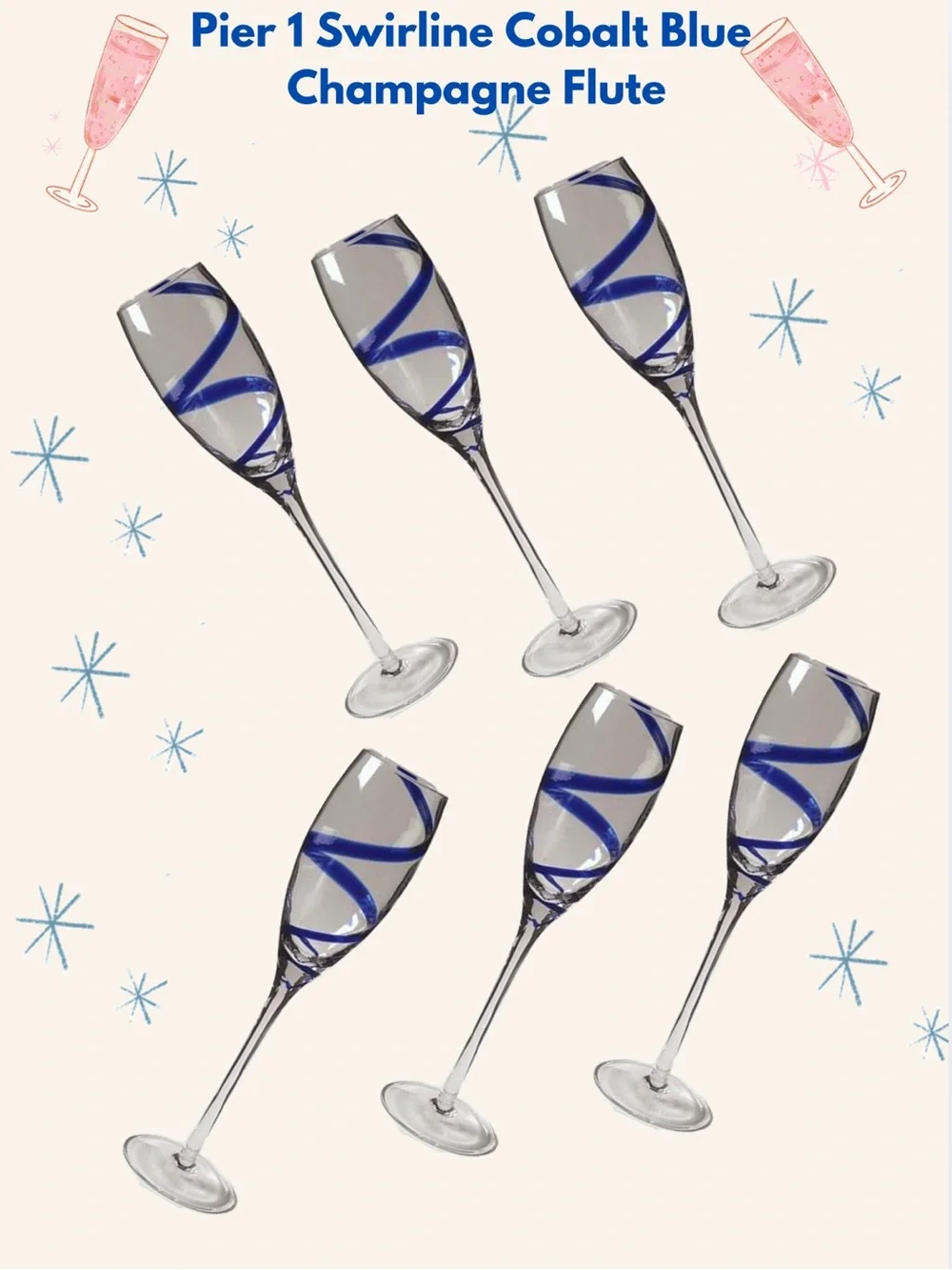 Set of 6 Pier 1 Swirline Cobalt Blue Champagne Flutes